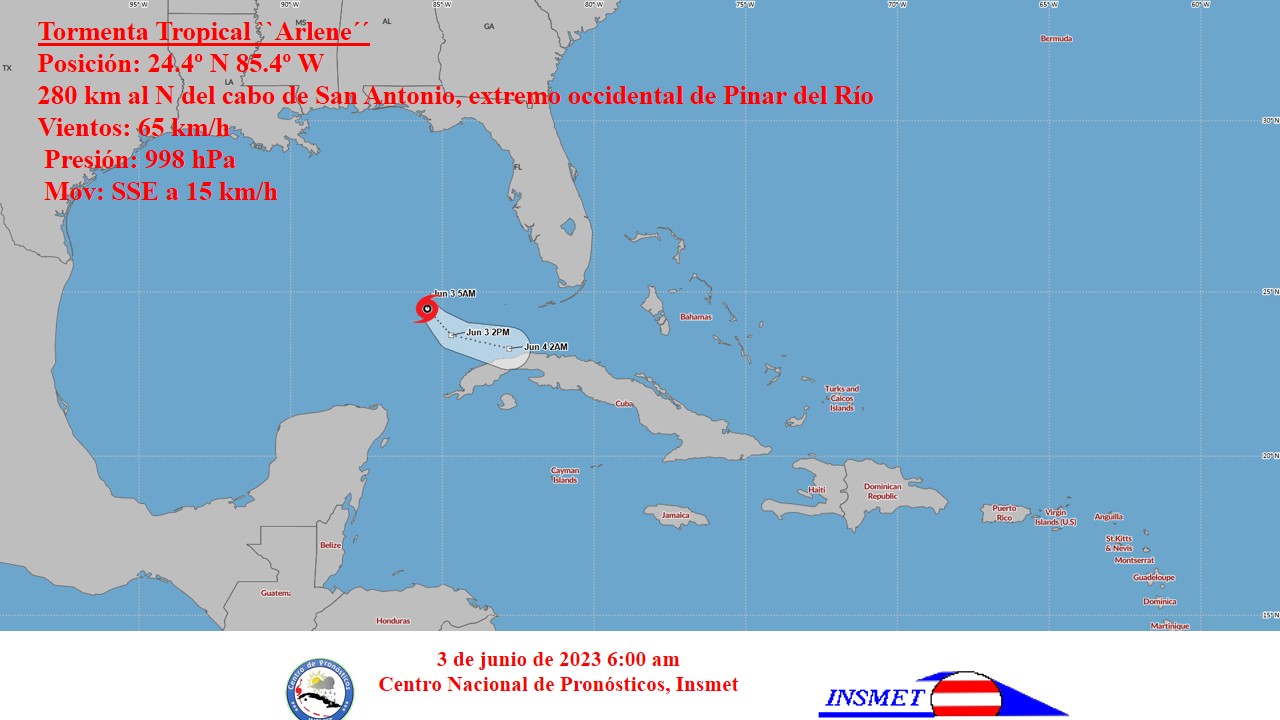 Tormenta tropical Arlene ha perdido en organización pero mantiene vientos máximos sostenidos de 65 kilómetros por hora