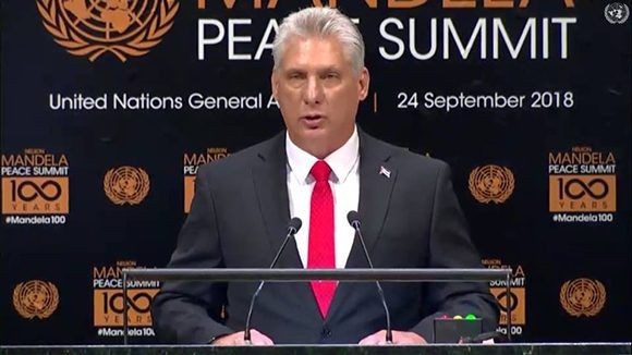El Presidente de Cuba, Miguel Díaz-Canel, durante su intervención en la Cumbre de Paz “Nelson Mandela” en la sede de la Asamblea General de Naciones Unidas, 24 de septiembre de 2018. Foto: @CubaMINREX