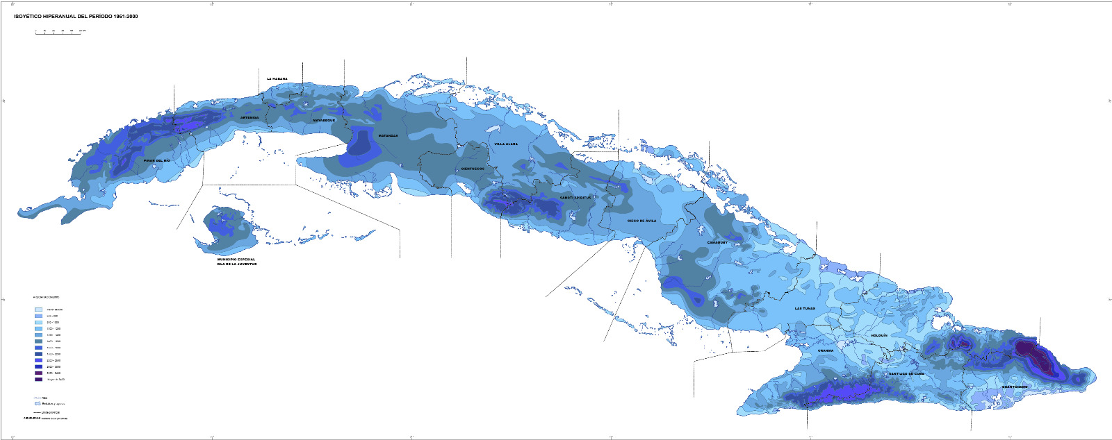 Mapa de acumulados de lluvias, entre 1961 y 2000, tomado del Atlas Nacional de Cuba, edición LX Aniversario.