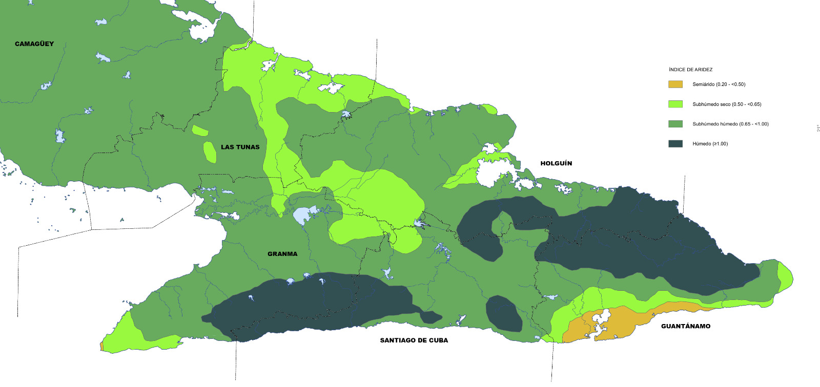 Mapa del índice de aridez (fragmento) tomado del Atlas Nacional de Cuba, edición LX Aniversario. Mapa del índice de aridez (fragmento) tomado del Atlas Nacional de Cuba, edición LX Aniversario.
