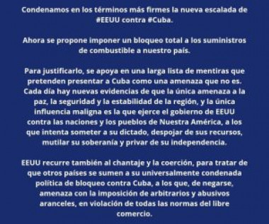 Canciller Bruno Rodríguez en X: Condenamos en los términos más firmes la nueva escalada de EEUU contra Cuba.